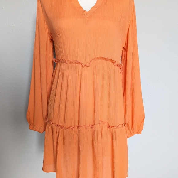 Orange long lantern sleeve ruffle hem frilled dress size M - Picture 2 of 8